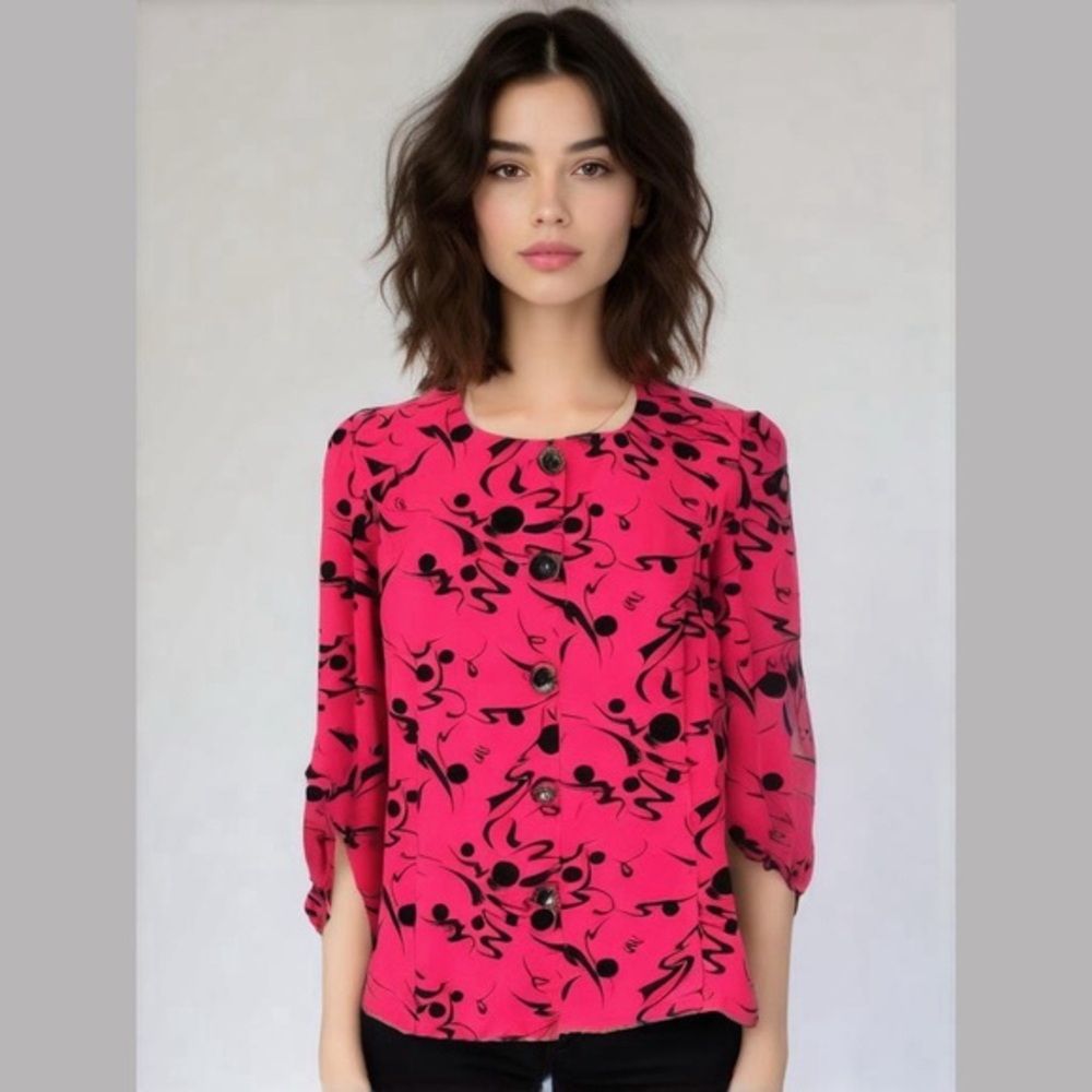 VINTAGE Chelsea Fuscia Pink Patterned Button up Collarless Blouse Womens 14
